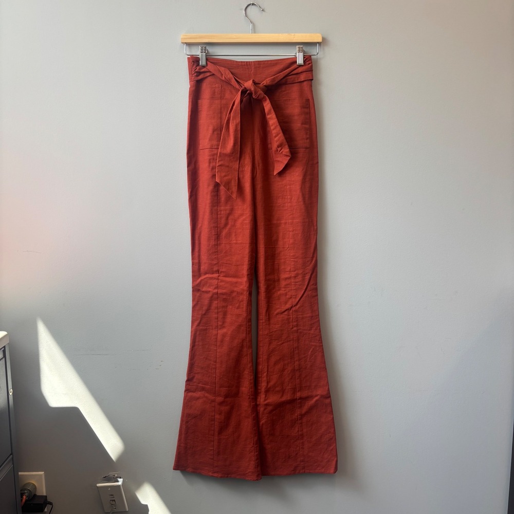 Majorelle Burnt Orange Linen Blend High Waist Flare Tie Belt Pants XS Rust